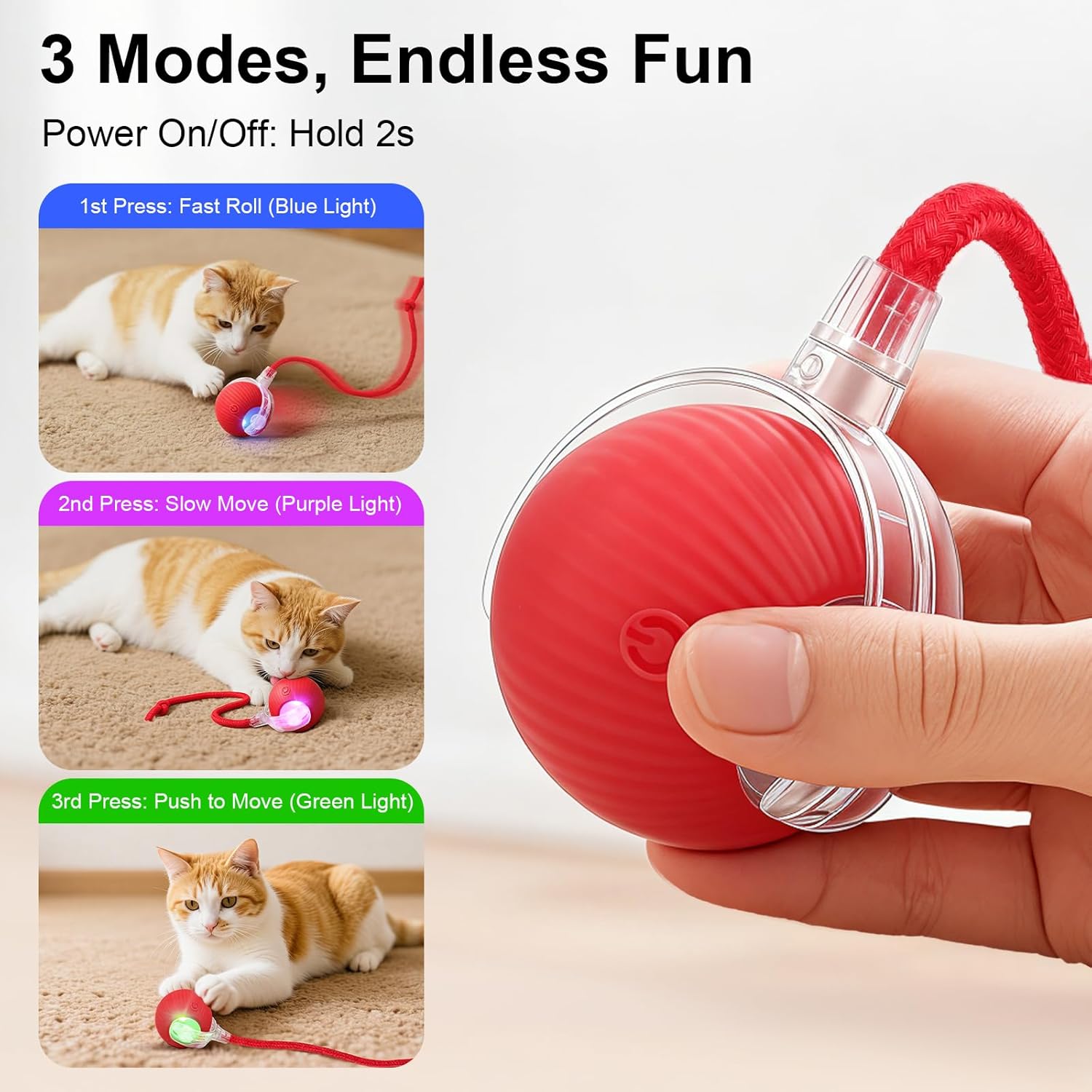 Smart Interactive Automatic Electric Rolling Moving Rechargeable Motion Activated Self Solo Play Electronic Stimulation Chase Teaser Ball Toy with Rope for Indoor Bored Adult Cat and Dog, Red